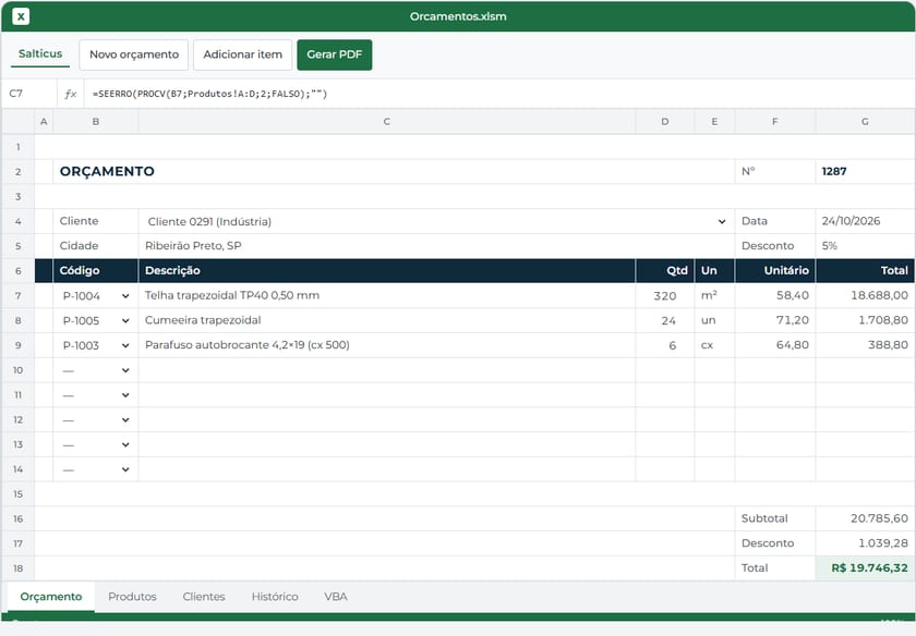 Planilha de orçamento com cliente, itens, descontos e total calculados automaticamente