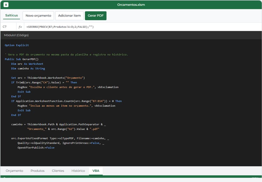 Editor de VBA com a macro que gera o PDF do orçamento e registra o histórico