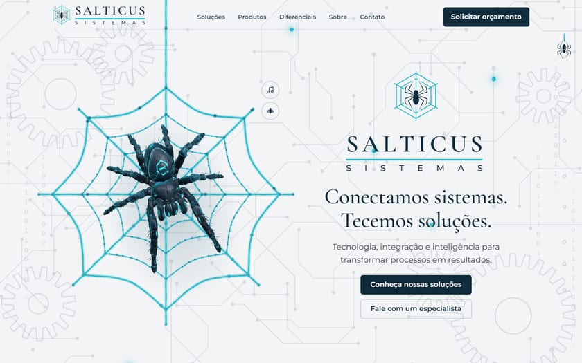 Página inicial do site da Salticus Sistemas, com a aranha 3D na teia ao lado da logo e do título Conectamos sistemas. Tecemos soluções.