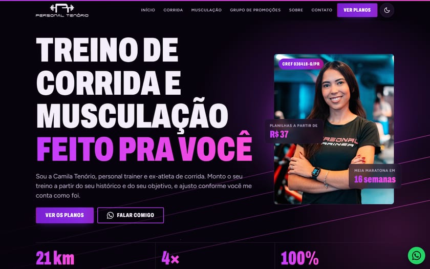 Página inicial do site da personal trainer Camila Tenório, com foto e chamada para os planos